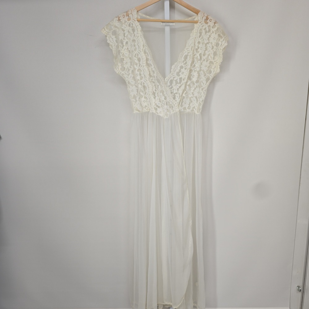 Val Mode Lingerie Vintage Ivory Lace Sheer Maxi Nightgown Bridal Robe USA Made